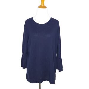 Talbots Linen Blouse Navy 3/4 Bell Sleeves Scoop Neck Large